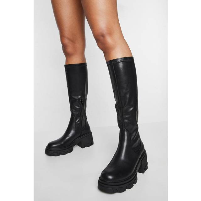 Womens Calf High Chunky Heeled Boots - Black - 3, Black