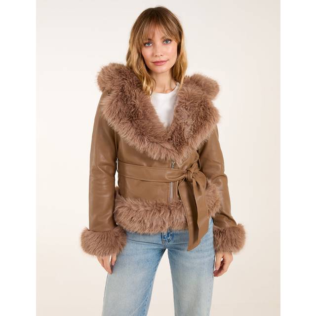 Womens Hooded Zip Fur Cropped Leather Look Jacket - Brown - 10