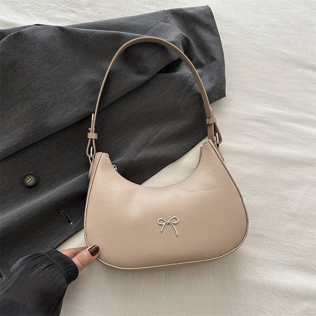 (Khaki) 2024 New Arrival Chic French Style Simple Crescent Shoulder Bag For Women In Black White Pink Khaki Brown Silver