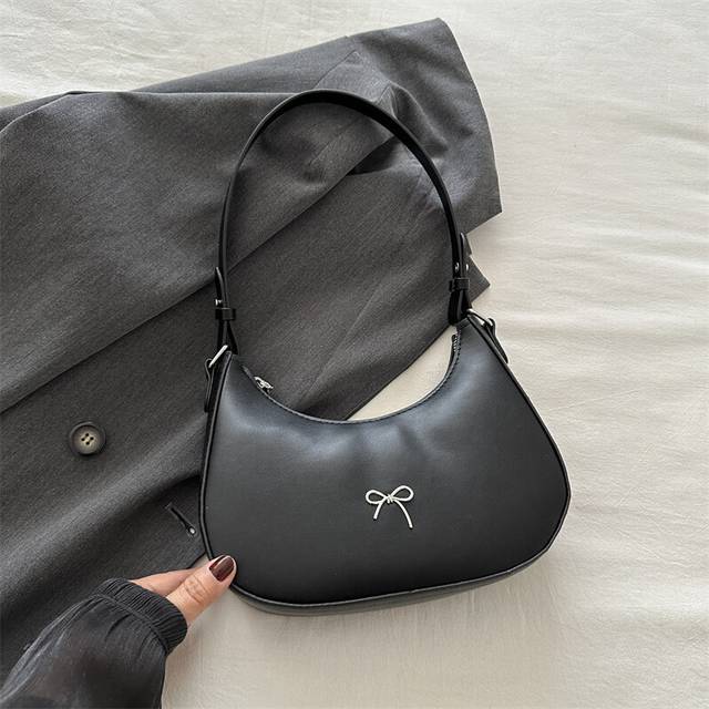 (Black) 2024 New Arrival Chic French Style Simple Crescent Shoulder Bag For Women In Black White Pink Khaki Brown Silver