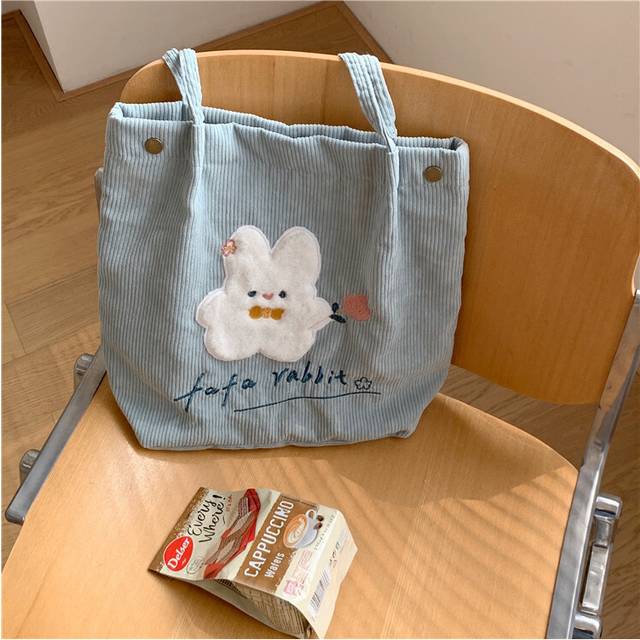 (Bow Rabbit Blue) Elegant Canvas Lined Corduroy Bag For Everyday Use Sweet Japanese Style Tote