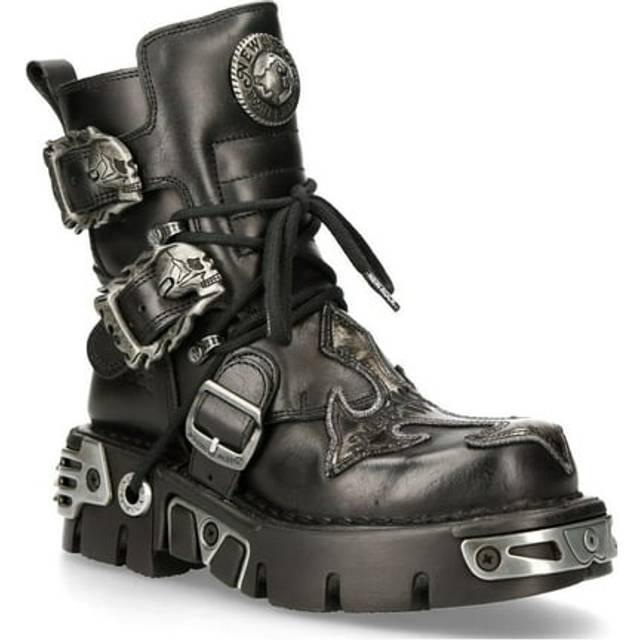 (41) NEW ROCK 407-S1 Silver Cross Black Leather Shoes