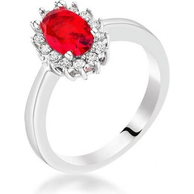 Silvertone Ruby Red Cubic Zirconia Oval-Cut Halo Engagement Ring
