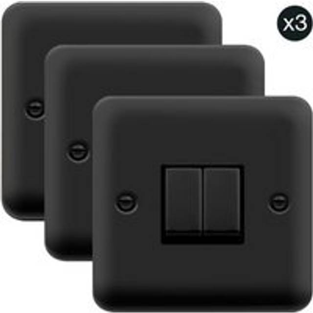 3 PACK - Curved Matt Black 10A 2 Gang 2 Way Ingot Light Switch - One Size
