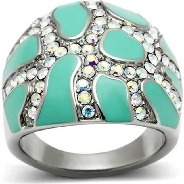 Alamode TK507-6 Women High Polished Stainless Steel Ring with Top Grade Crystal in Aurora Borealis Rainbow Effect - Size 6