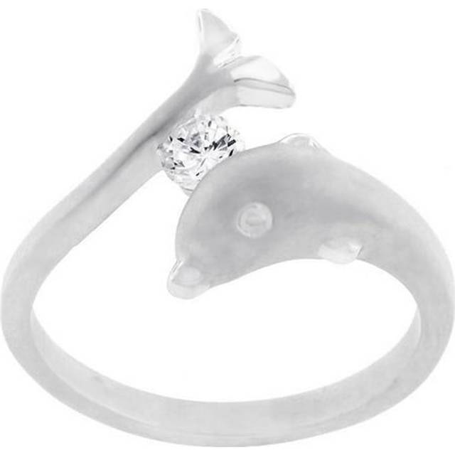 Silvertone Matte Finish Cubic Zirconia Dolphin Ring