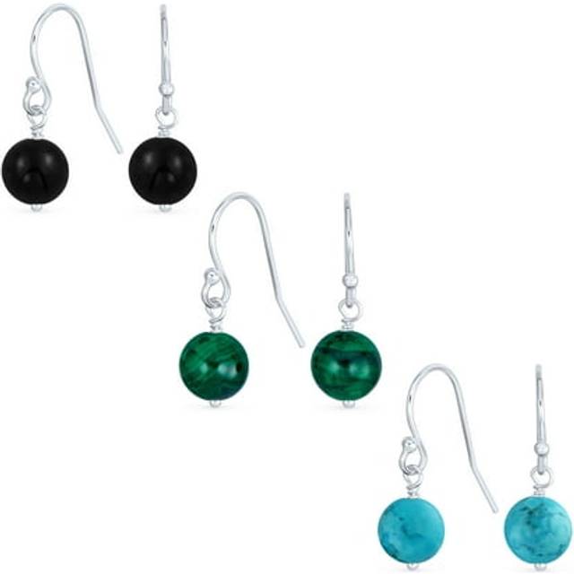 of 3 Black Onyx Blue Turquoise Green Malachite Beads Ball Dangle French Fishhook Wire Earrings for Women and Sterling  Set Teenagers. .925 Silver