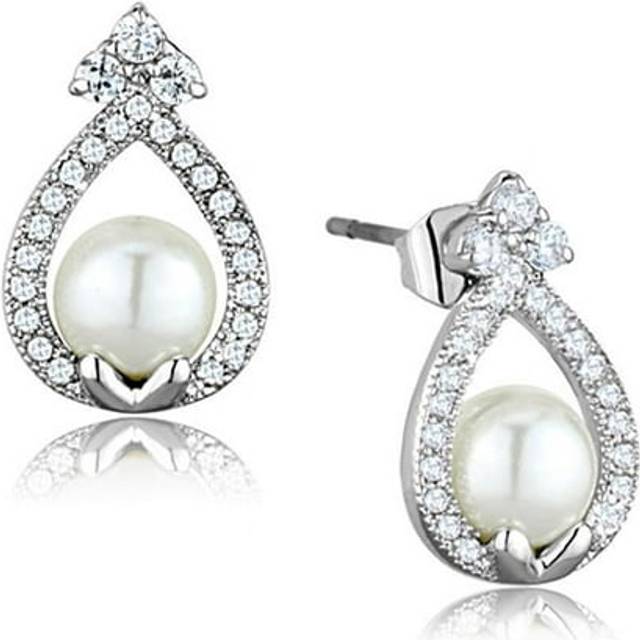 Alamode 3W665 Women Rhodium Brass Earrings with Synthetic in White - Gold