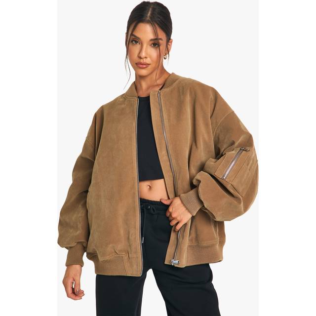 Womens Vintage Suede Look Oversized Bomber Jacket - Beige - 12, Beige