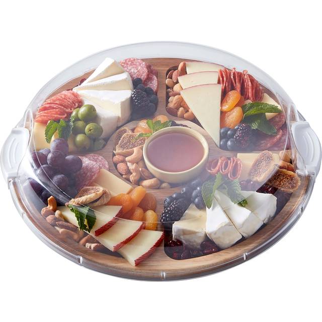 FARBERWARE Build-a-Board Cutting Board with Lazy Susan Turntable  Five Compartments  and Clear Locking Lid for Charcuterie  Snacks  and More  Acacia
