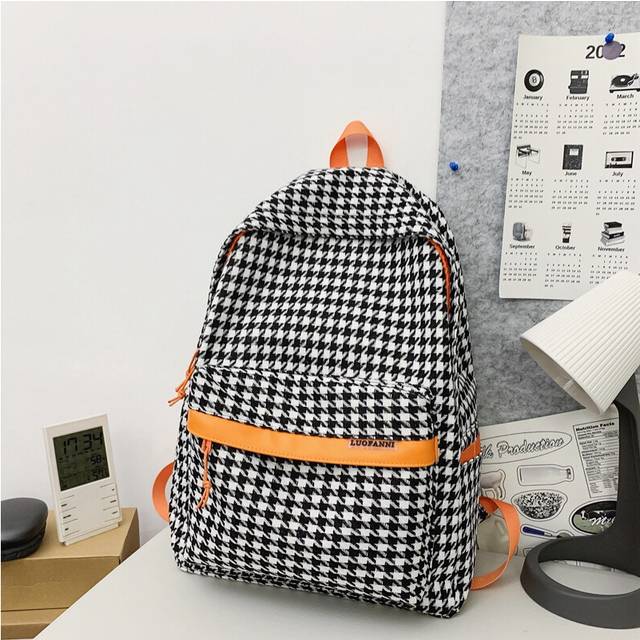 (Orange) High Chic School Girls Backpack Elegant Plaid Design For Travel And Leisure
