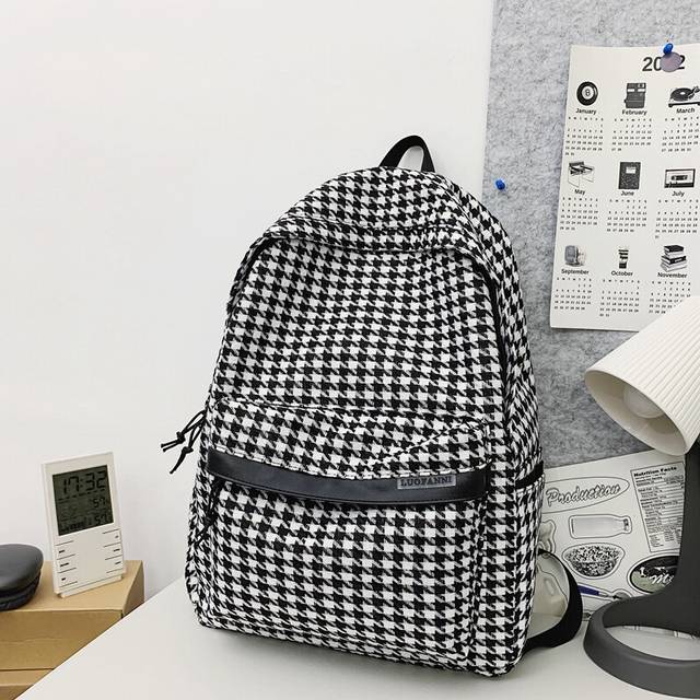 (Black) High Chic School Girls Backpack Elegant Plaid Design For Travel And Leisure