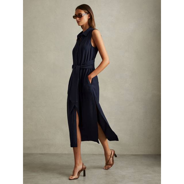 Reiss Womens Vy Morgan Belted Woven Midi Shirt Dress 10 - NAVY