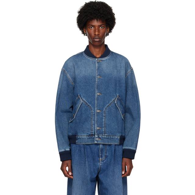 Moschino Blue Barcode Patch Denim Bomber Jacket - Blue - IT 52