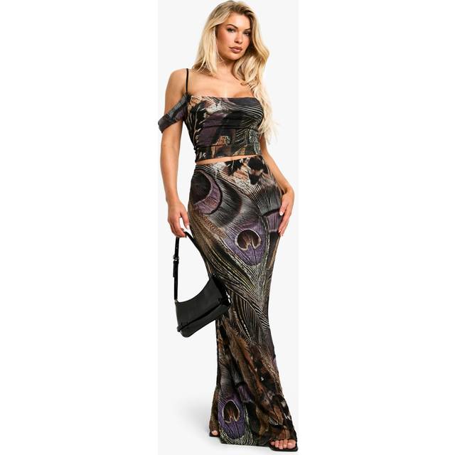 Womens Crushed Mesh Peacock Feather Printed Maxi Skirt - Multi - 12