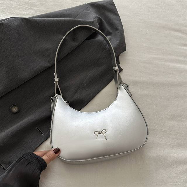 (Silver) 2024 New Arrival Chic French Style Simple Crescent Shoulder Bag For Women In Black White Pink Khaki Brown Silver