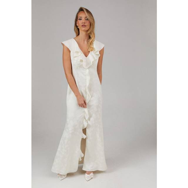 Oasis Womens Satin Jacquard Ruffle V Neck Bridesmaids Dress - Champagne - Size 18 UK