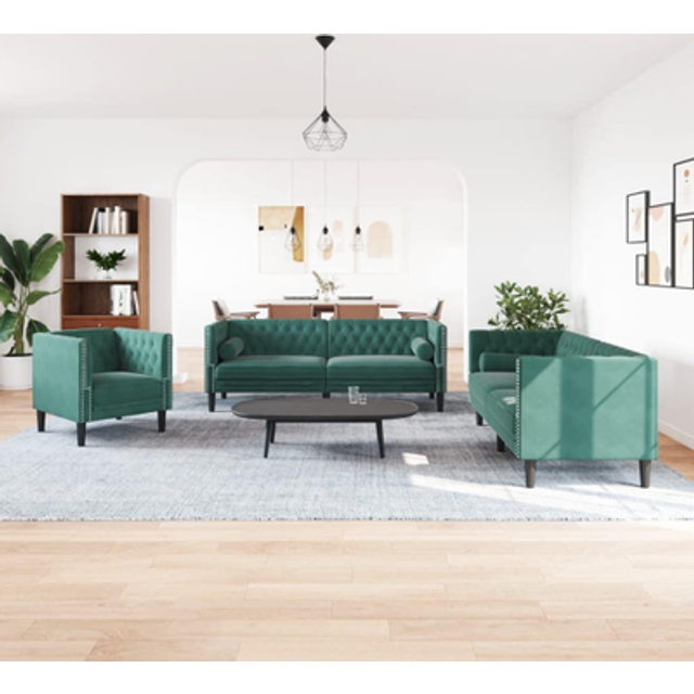vidaXL Soffgrupp chesterfield 3 delar bolsterkuddar mörkgrön sammet