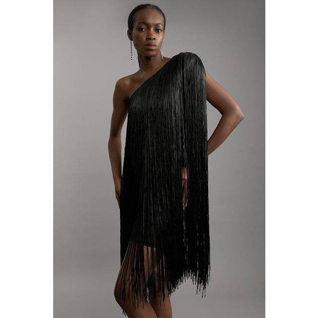 Figure Form Bandage One Shoulder Fringe Mini Knit Dress - Black