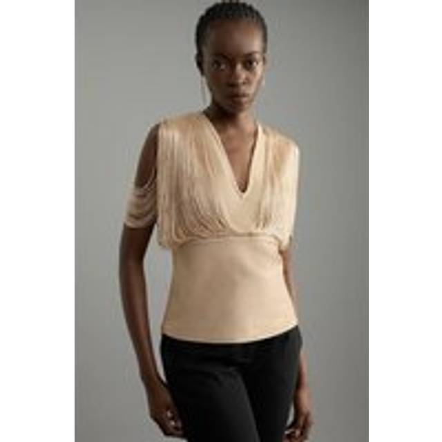 Figure Form Bandage Knit Fringe Detail Top - Champagne