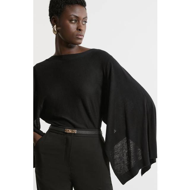 Cashmere Blend Drama Sleeve Slash Neck Knit Top - Black