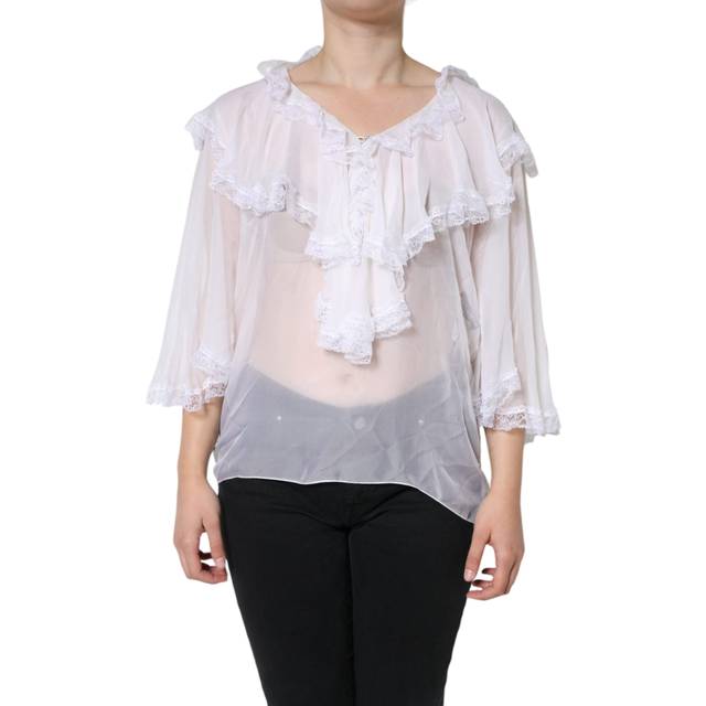 White Ruffles Lace Long Sleeve Blouse Top - IT44 | L