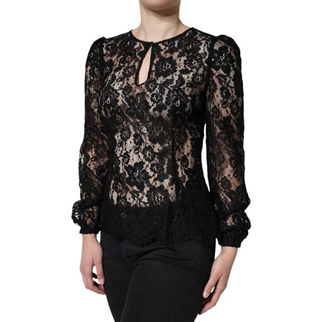 Black Floral Lace See Through Long Sleeve Top - IT40|S