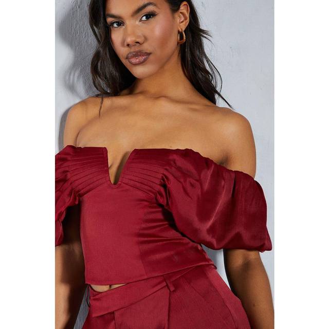 Womens Textured Satin Pleated Bust Frill Bardot Top - 16 - Red