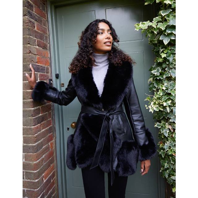 Womens Panel Fur PU Belted Coat - Black - 12