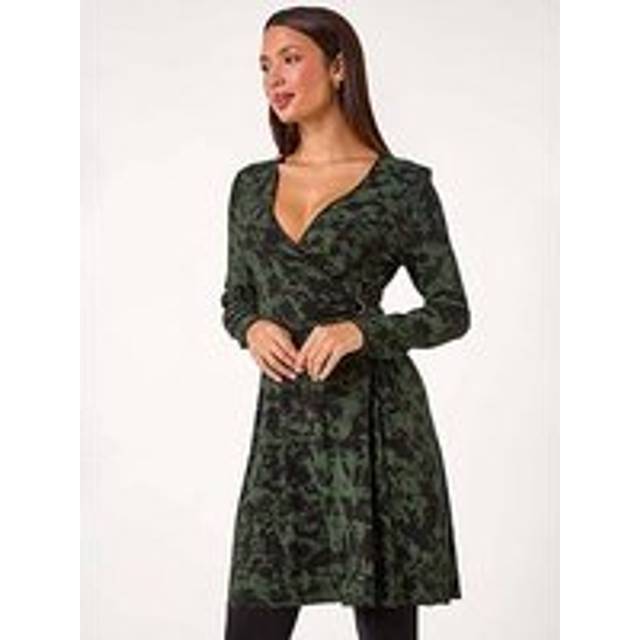 Roman Tie Dye Wrap Detail Stretch Dress In Green - 18