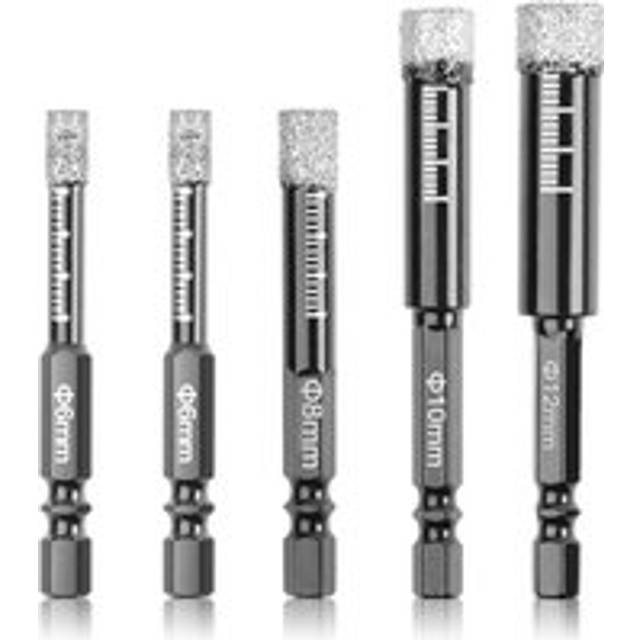 Diamond Drill Bits, 5-Pack Dry Core Bit Set for Ceramic,,Tile,Glass,Marble,Brick,Size 6,8,10,12 mm