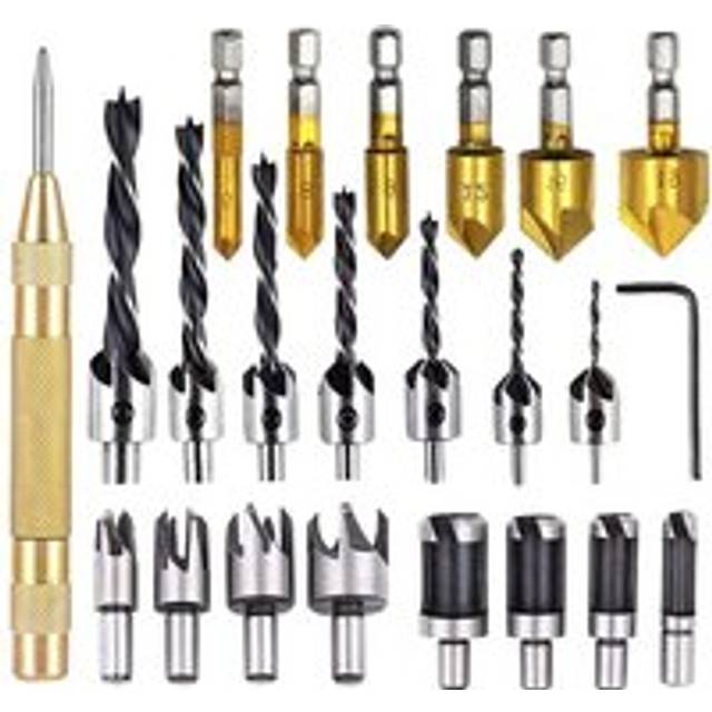 Tlily - 23-Pack Woodworking Chamfer Drilling Tool Set Wood Plug Cutter Three-Pointed Countersink Drill Bit