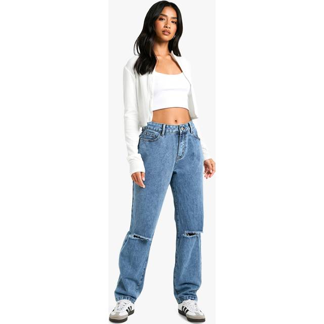 Womens Petite High Waist Distressed Mom Jeans - Blue - 6/28L, Blue