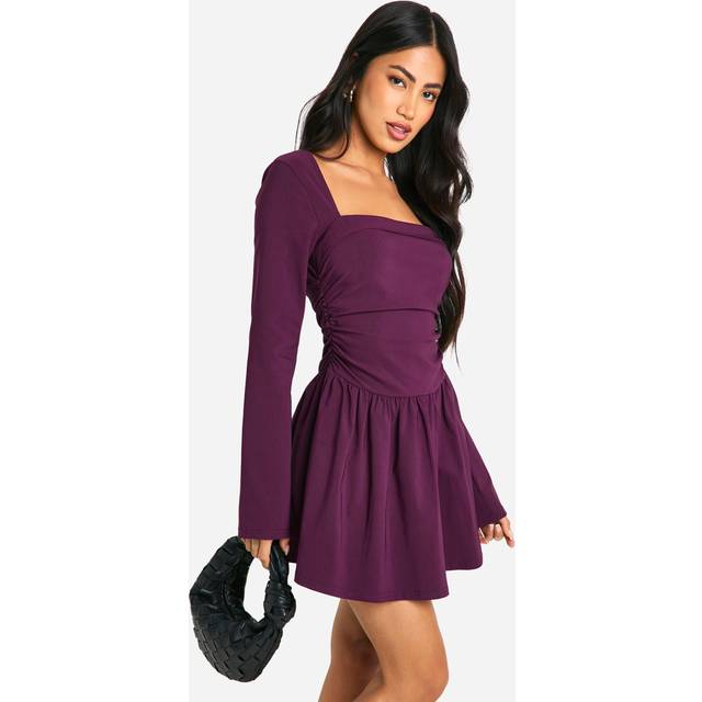 Womens Square Neck Long Sleeve Skater Mini Dress - Purple - 14, Purple