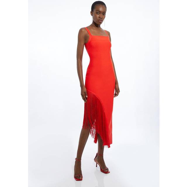 Figure Form Bandage Asymmetric Fringe Hem Knit Dress - Red