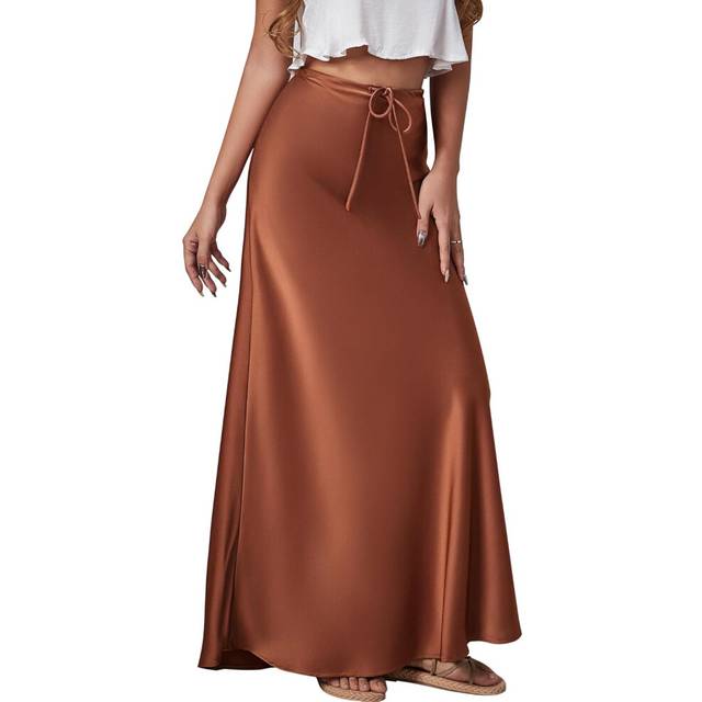 (S, Brown) Silk Skirt for Women High Waisted A Line Satin Skirts Elegant Midi Bodycon Skirt