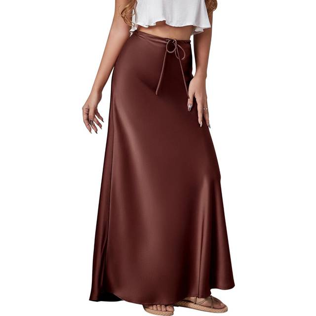 (L, Chocolate) Silk Skirt for Women High Waisted A Line Satin Skirts Elegant Midi Bodycon Skirt
