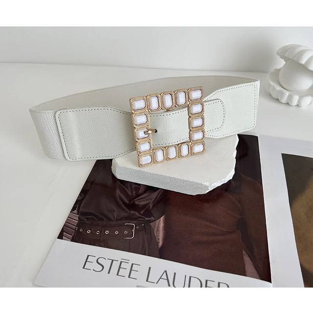 (White) Versatile Wide Rhinestone Pin Buckle Belt For Women Perfect For Spring Fashion And Everyday Style