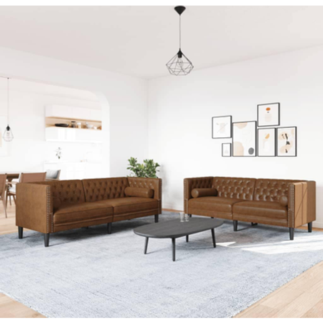Soffgrupp chesterfield 2 delar bolsterkuddar brun konstmocka