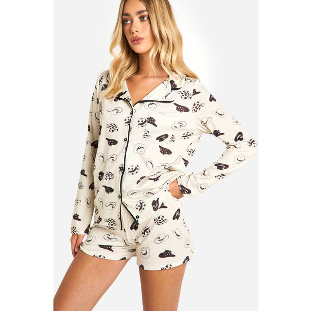 Womens Western Cowboy Print Long Sleeve Shirt & Shorts Pyjama Set - Beige - 14, Beige