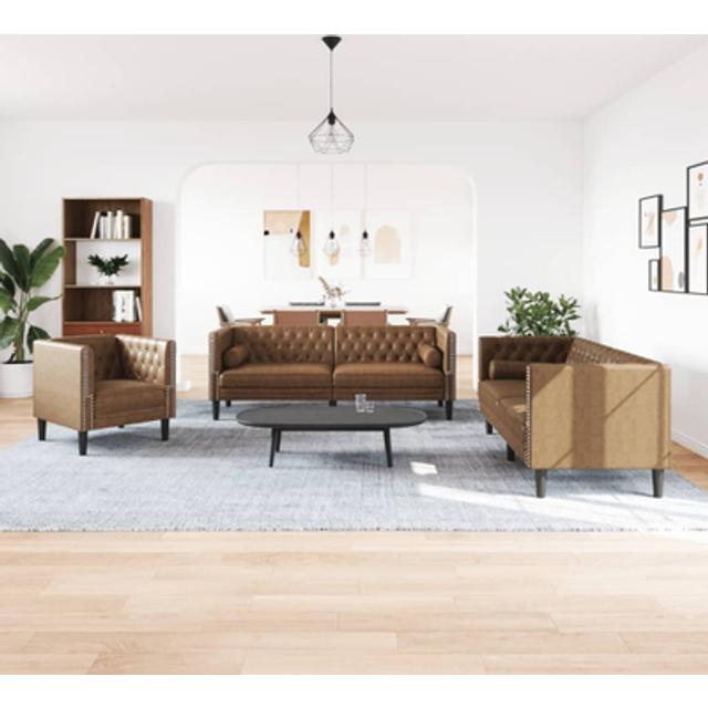 Soffgrupp chesterfield 3 delar bolsterkuddar brun konstmocka
