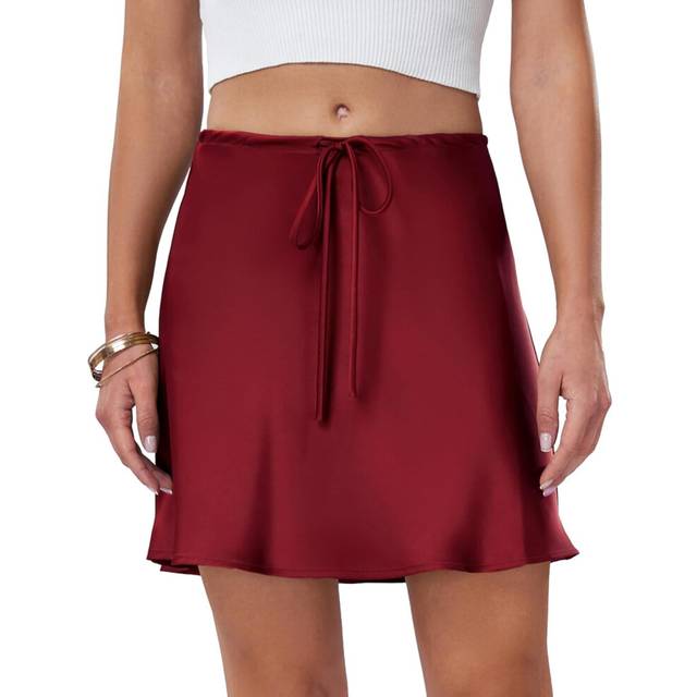 (L, Wine Red) Silk Skirt for Women Elegant High Waisted A Line Satin Skirts Mini Bodycon Skirt