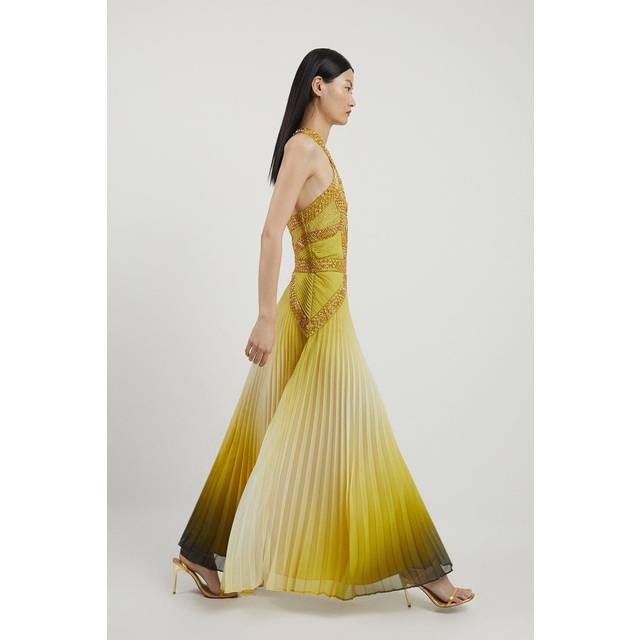 Geo Embellished Ombre Pleated Woven Maxi Dress - Gold