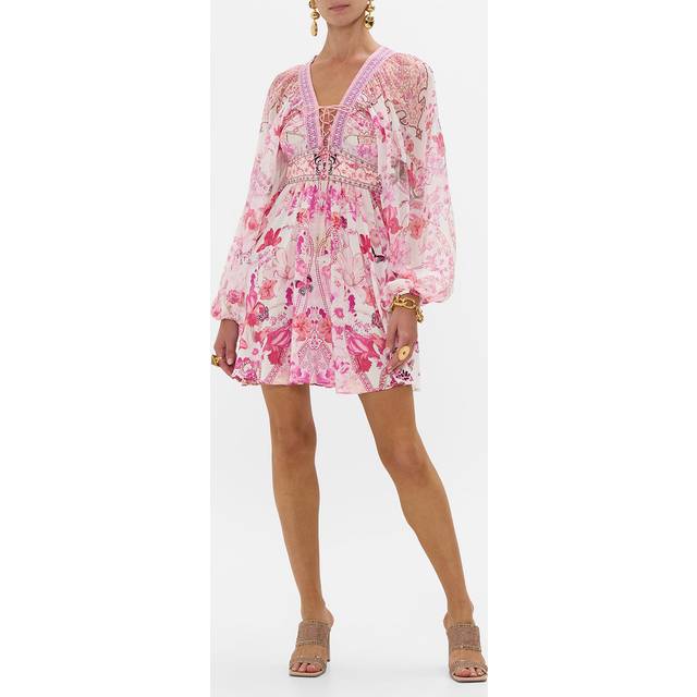 Camilla Gathered floral silk minidress - pink (UK 8)