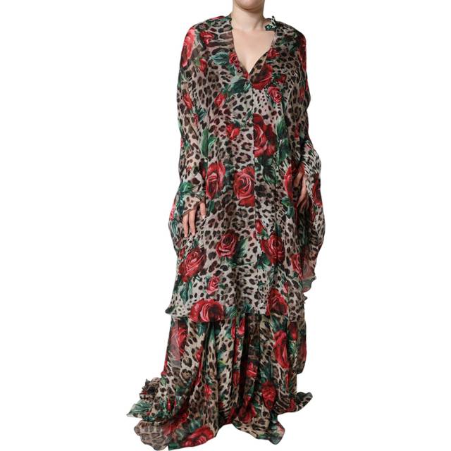Brown Leopard Red Roses Silk Long Gown Dress - IT38 | S