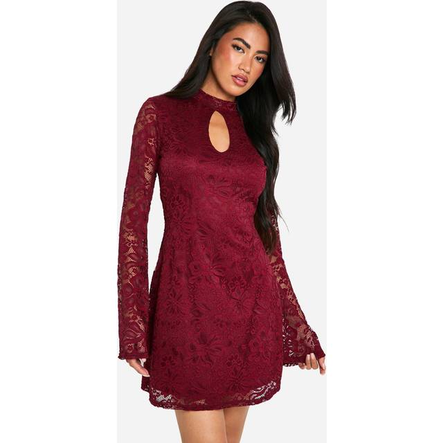 Womens Lace Keyhole Flare Sleeve Skater Dress - Purple - 8, Purple