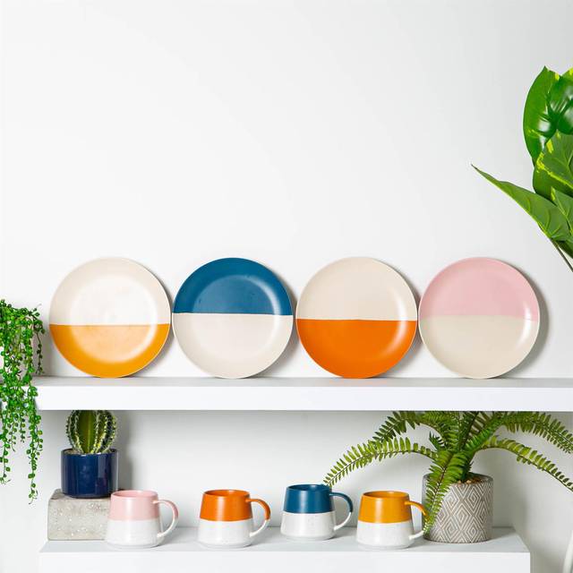Stoneware Dinnerware - Service for 4 - Yellow;Pink;Orange;Navy (8)
