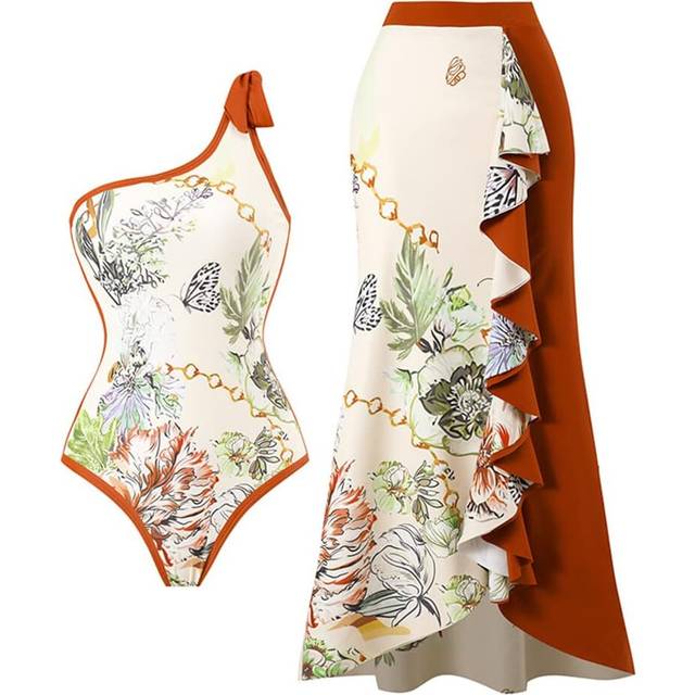 (XL, Coffee) Women Two Piece Swimsuit V-neck Padded One-piece Monokini with Long Wrap Skirt Sarong Beach Cover Up Beachwear