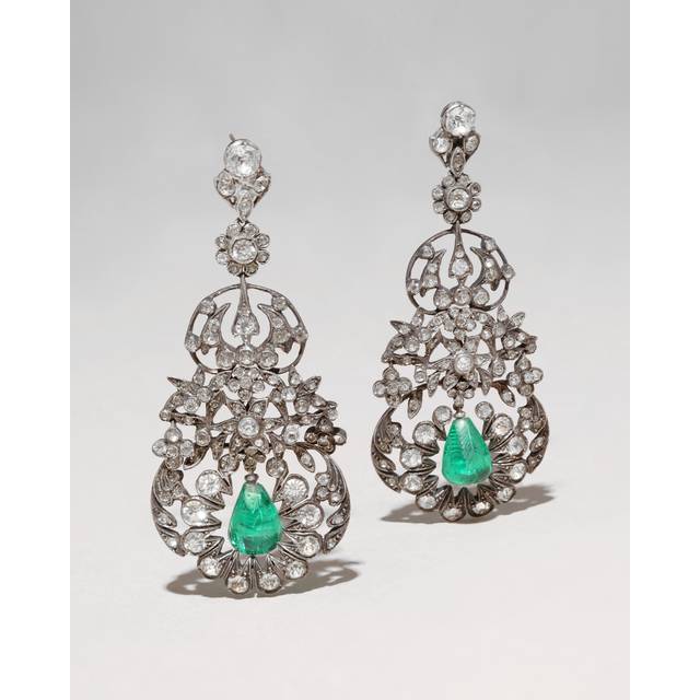 Alexis Bittar Antique Edwardian Sterling Silver & Paste Stone Earrings With Emerald Glass Drops in Green/Silver | Statement Jewelry from Alexis Bitta (One Size)
