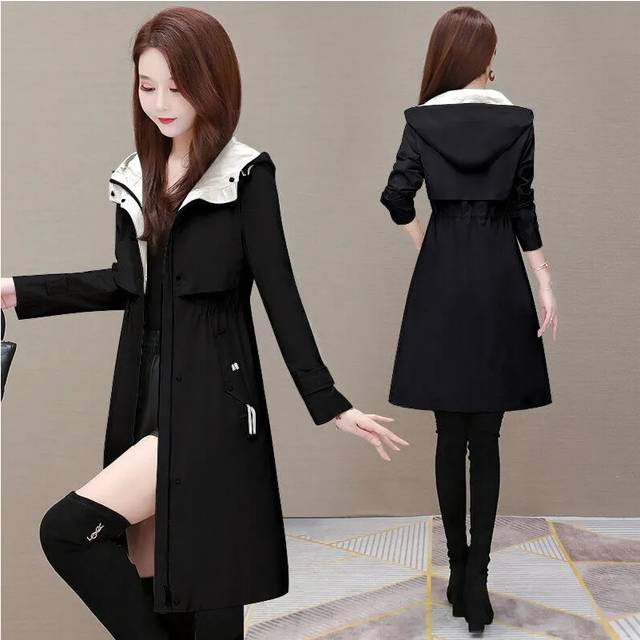(xL, Black) 2024 Spring Autumn Trench Coat Woman Fashion Mid-Length Hooded Windbre